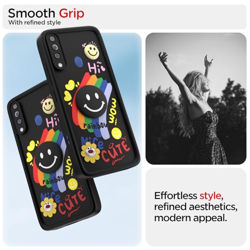 Image of Pikkme Back Cover for Samsung Galaxy M30 | Soft Silicone| Cute Rainbow Smile & 3D Cartoon Flower Design | Shockproof Raised Camera Protection Bumper Case (Black)