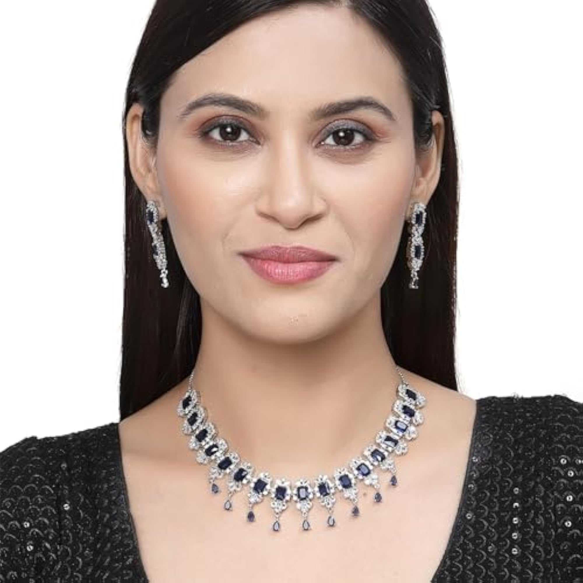 American Diamond Stone Studded Necklace Set (Navy Blue)