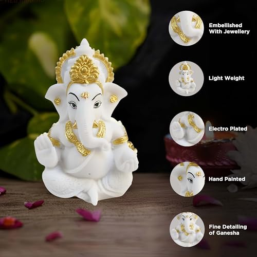 Image of 3.5 Inch Ganesha Idol Car Dashboard Idol Ganesha Murti Ganpati Idol for Home Decor Lord Ganesh Statue Gift for Office Desk Puja Room Figurine Decoration (White)