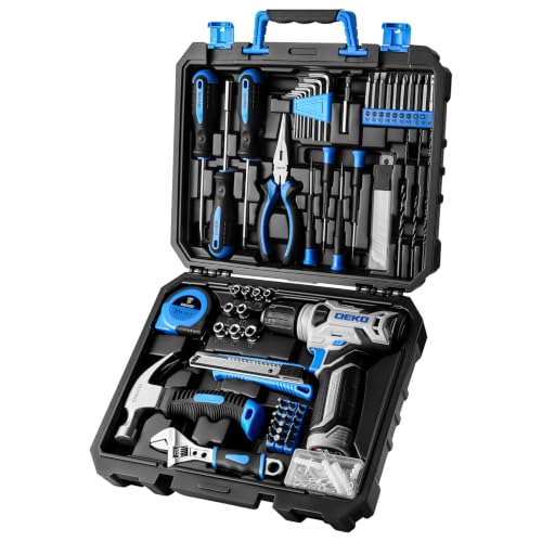 DEKO Caja Herramientas Completa con Destornillador Electrico/Taladro con bateria de 8V, Maletin de 126 Piezas, Caja profesional de herramientas Domésticas de Bricolaje para Oficinas y Jardín,Azul