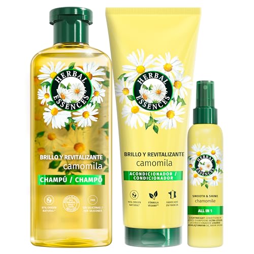 Herbal Essences Camomila Brillo & Revitalizante Champú 350ml + Acondicionador 250ml + Spray Acondicionador Ligero 145ml, Aporta Suavidad al Pelo