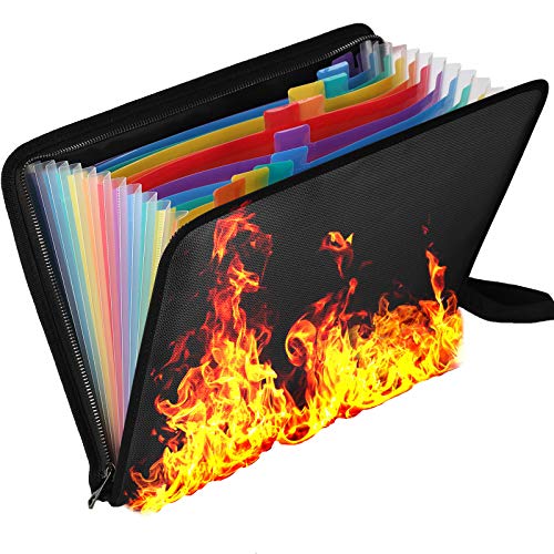 Koolertron Fireproof Expanding File Folder Waterproof Important Document Organizer A4 Size,12 Multicolored Pockets,Color Label Zipper Closure,Non-Itchy Silicone Coated Portable Filing Pouch 14.3