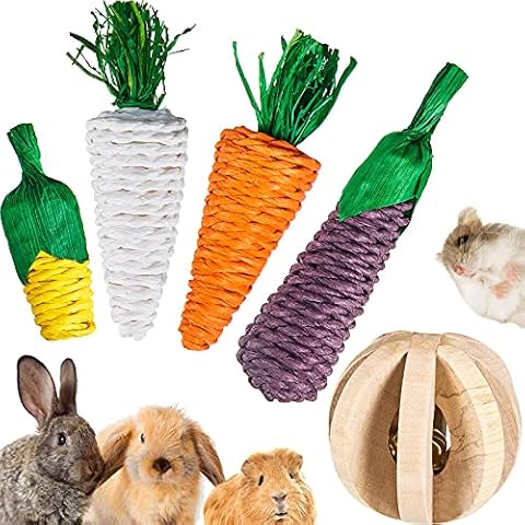 5 Pieces Rabbit Toy Boredom Dwarf Breakers Hamsters Bunny Chew Toy Grass Wooden Ball Carrots Corn Eggplant Gerbil Toys Rat Small Animals Rattan Ball Toys for Teething Bunny Chinchilla Guinea Hamster Cover