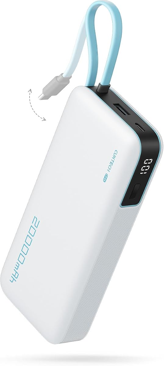 CUKTECH 45W Power Bank 20000mAh, Cargador de Viaje Portátil Cable USB C Incorporado, Batería de Carga Rápida para iPhone 16/15/14/13, iPad, Samsung Galaxy, Google Pixel, Android y Más (Blanco)
