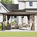 Domi 10'x12' Hardtop Gazebo, Outdoor Metal Gazebo with Galvanized Steel Double Roof, Curtains & Netting, Permanent Pavilion for Patio, Backyard, Party, Outdoor Dining, Brown