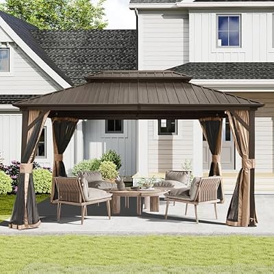 Domi 10'x12' Hardtop Gazebo, Outdoor Metal Gazebo with Galvanized Steel Double Roof, Curtains & Netting, Permanent Pavilion for Patio, Backyard, Party, Outdoor Dining, Brown