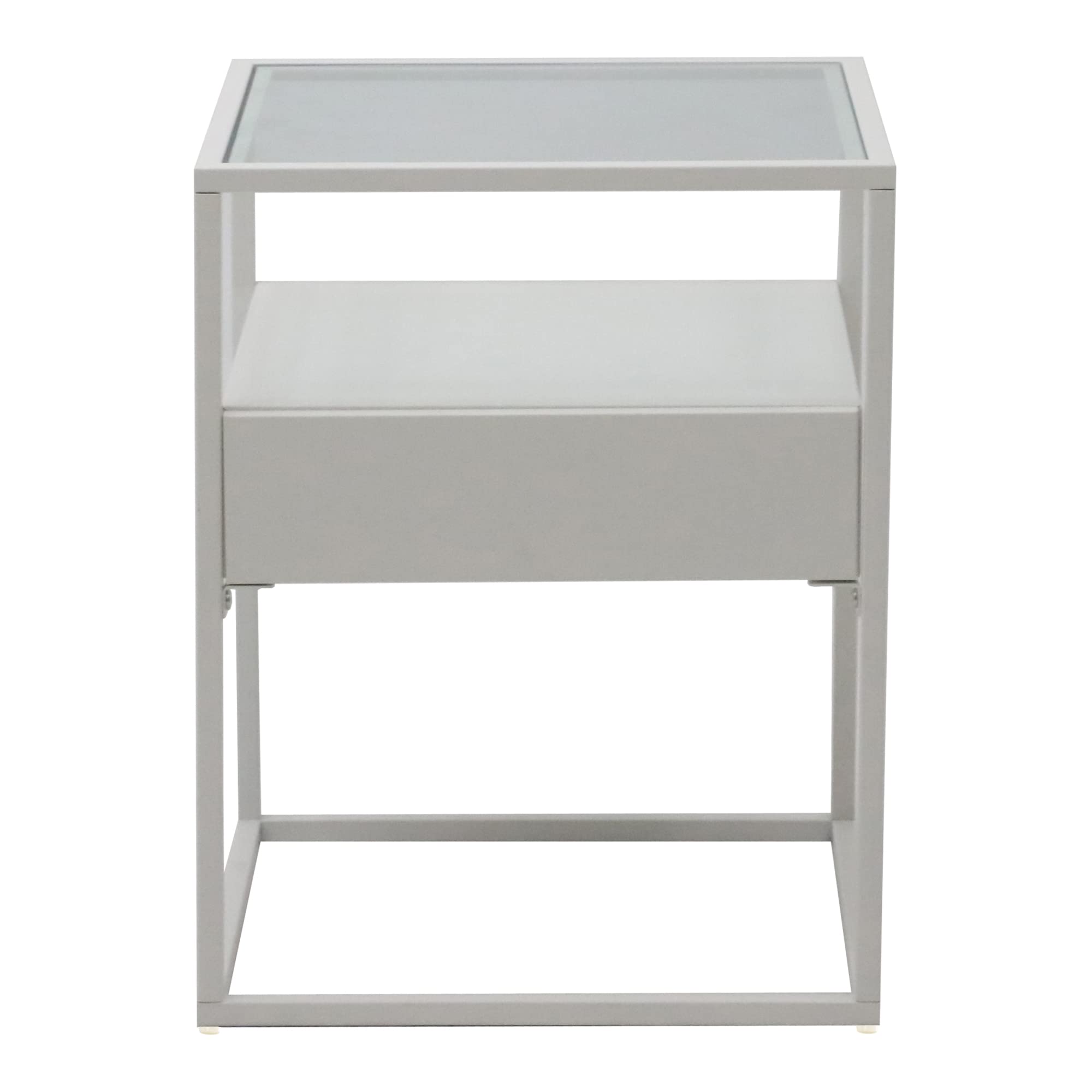 [en.casa] Mesa Auxiliar Vissenbjerg con Cajón Mesilla de Noche Versátil Cuadrada para Salón Dormitorio Cristal Templado y Acero 51 x 40 x 40 cm - Blanco Mate