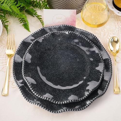 Image of ADSAURMELA 6-Piece Black Melamine Dinnerware Set Service for 2, Scalloped Plates with Beaded Edge & Silver Glitter, Heavy Duty, Shatterproof, Luxury Charger Plates for Halloween Wedding Gala Outdoor