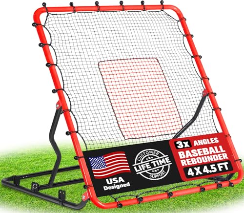 Baseball Rebounder Net, 3 Adjustable Angles 4x4.5FT Pitch Back Baseball Softball Volleyball Rebounder with 2 Strike Zones, UV Resistant, Pitchback Trainer for Ground, Line Drive & Fly Balls