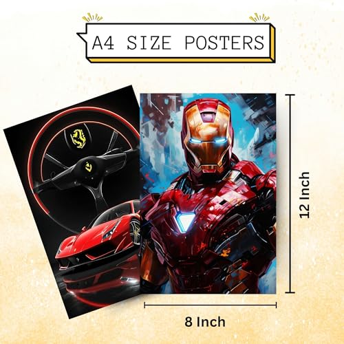 Image of Posters Inc Set of 12 Iron Man Posters for Wall, Home Decoration Items for Living Room, Aesthetic Wall Stickers for Bedroom, Birthday Gift for Men, 300 GSM A4 Size Paper, Glue Dots Included
