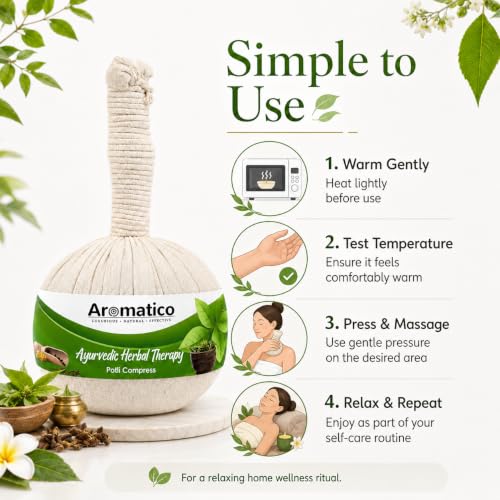 Image of AROMATICO Ayurvedic Herbal Potli with 17 ancient herbs. Helps with Pain Relief, Post-Workout Recovery & Muscle Relaxation. For Men & Women. 200gm Pack of 2