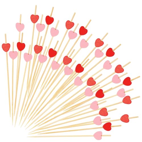200pcs Heart Shaped Cocktail Bamboo Toothpicks for Drinks, 4.7 Inch Red & Pink Food Picks for Appetizer Fruit Sticks Skewers for Wedding Baby Shower Mother's Day Valentine's Day Party Decor