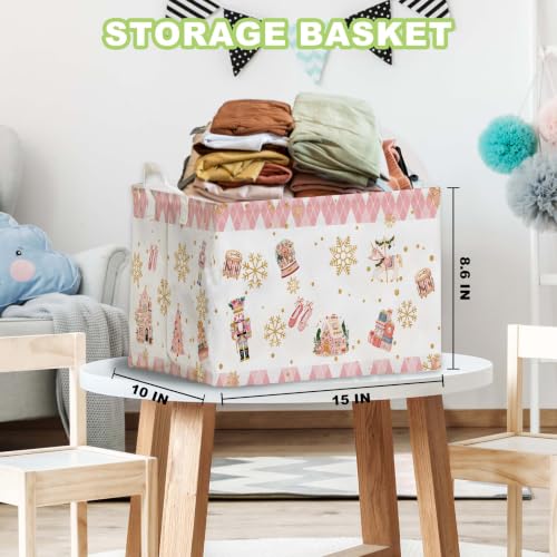 Image of Pink Christmas Nutcracker Storage Baskets, Empty Christmas Gift Baskets, Pastel Nutcracker Home Decorations, Large Square Waterproof Laundry Hamper Coating, Foldable Toy & Clothes Bins for Bedroom
