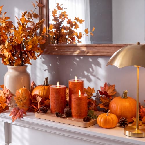 Image of Stmarry Mottled Orange Fall Flameless Candles with Remote and Timer, Real Wax Made LED Pillar Candles Battery Operated with 3D Flickering Flame - 3 inch x 4 inch,5 inch,6 inch - Set of 3 Fall Candles