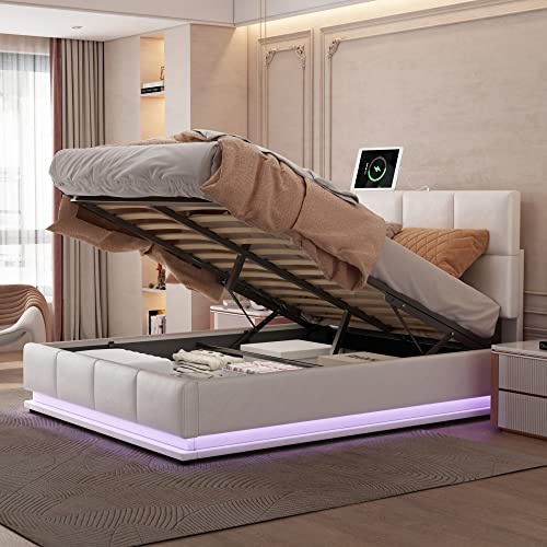 Lift Up Storage Queen Bed With Led Light, Faux Leather Platform Bed With Usb Charging Ports And Bottom Tufted Headboard, Hydraulic Lifting Under Bed Storage, 16 Light Colors, Queen Size, White #TOP14