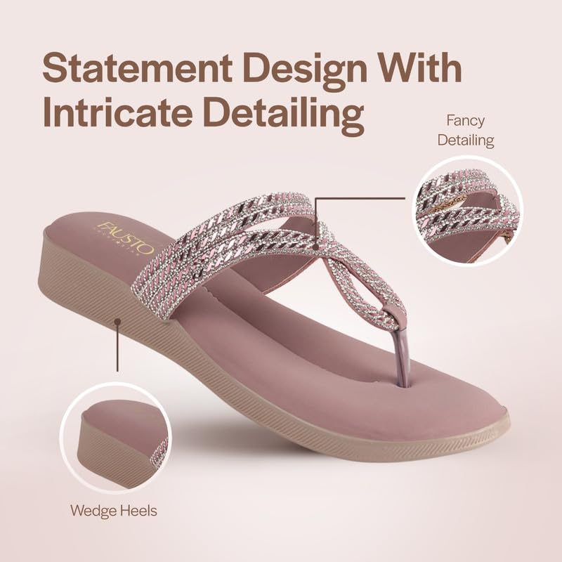 Image of FAUSTO Women T-Strap Slip On Ethnic Sandals with Rhinestone Strap | Wedge Ortho Slip-On Slippers | Perfect for Wedding, Festive Outfits