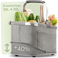 Praknu Einkaufskorb Faltbar Groß – 2 in 1 Erweiterbar 25L auf 35L – Abnehmbarer & Waschbarer Bezug – Stabil mit Alurahmen & Verstärktem Boden – Extra Fächer Innen & Außen – Tragekorb – Grau