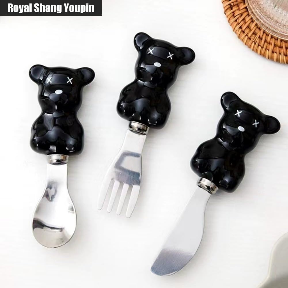 6 PZ Mini 13,5 Cm/5,3 Pollici Simpatico Orsetto Manico in Ceramica Cucina Posate in Acciaio Inossidabile Stoviglie Posate Coltelli Forchette Cucchiai Set Per 2 Persone (Bianco+Nero)