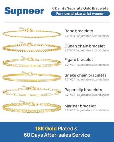 6 Pcs Gold Bracelets for Women Dainty Gold Bracelet Stack for Teen Trendy 18k Gold Plated Cute Stackable Cuban Link Chain Bracelets Set for Daughter Non Tarnish Adjustable2