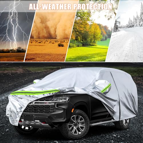 Image of Waterproof Car Covers Replace for 2007-2025 Chevy Tahoe /GMC Yukon /Cadillac Escalade, 6 Layers Silver All Weather Car Cover with Zipper Door for Snow Rain Dust Protection