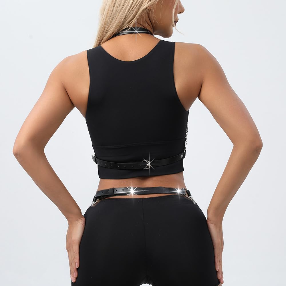 2 Piezas Punk Cuero Cintura Cadena Gótico Negro Cuerpo y Cadena de Pecho Regulable Accesorio Sexy para Festivales Raves Actuaciones Mujeres Niñas