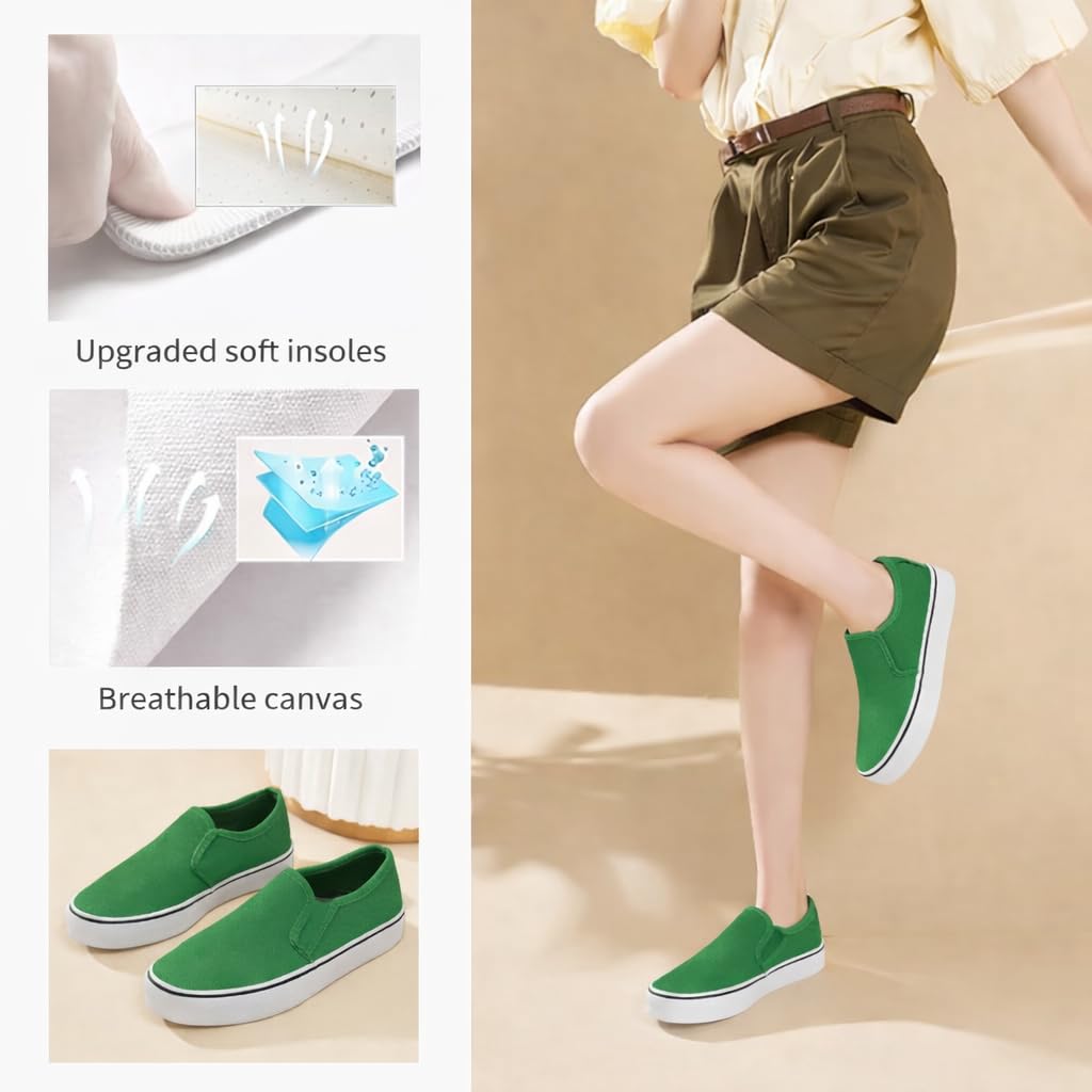 Emma Shoes Low-Top Slip Ons Women's Fashion Sneakers Casual Canvas Sneakers for Women Comfortable Flats Breathable Padded Insole Slip on Sneakers Women Low Slip on Shoes, Emerald Green, 9