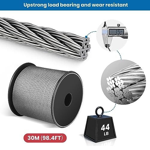Image of String Lights Hanging Kit, Outdoor Light Guide Wire, 1 /16 Wire Rope Kit Includ 98.4FT Picture Wire 4Pcs D-Ring Hangers 8Pcs Screws, Adjustable Hanging Hooks for Hanging Picture Frame Mirror Wall Art