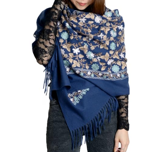 [マーライ] ストール 大判 厚手 カシミヤタッチ 厚手 マフラー 刺繍 レディース メンズ 男女兼用 記念日 結婚式 大判ストール プレゼント 秋冬 ネイビーのサムネイル