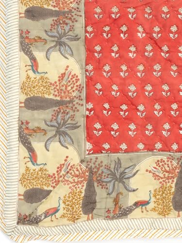 Image of Mayur Hand Block Print Cotton Single Bed Quilt (90x60 Inches) | Jaipuri Razai for AC Room | 400 GSM Lightweight Comforter for Mild Winter | 100% Cotton Duvet | Soft Reversible Dohar Blanket