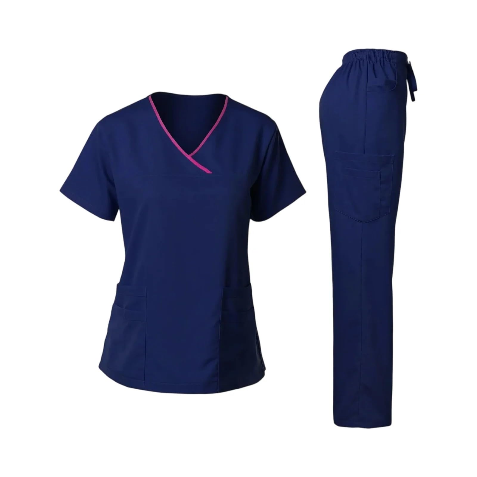 AHUFGN Nurse Scrubs Women Women's Nurse Scrub Set V-Neck Short Sleeve Long Pants Medical Cozy Professional Workwear(Deep blue,S)