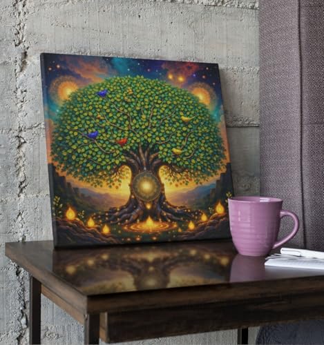 Image of Kunj Cart Kalpavriksha Tree Painting | 8+ DESIGNS | Kalpvriksh Tree Wall Painting | Lucky Tree Wall Art For Living Room, Bedroom and Office Decor | Canvas Painting for Wall Decoration (Design - D, 12x12 Inch, Framed)
