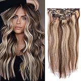 TD Clip in Hair Extensions Real Human hair,Ombre Balayage Ash Blonde to Golden Blonde and Brown...