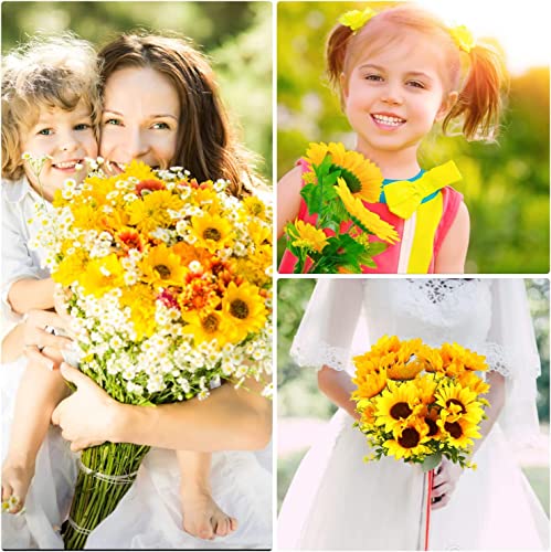 LOKIPA 2 Bunches Artificial Sunflower Bouquet, Fake Sunflower Silk Flowers Realistic Silk Sunflowers with Stems for Wedding Home Garden Party Decoration image 1