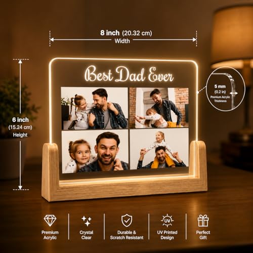 Image of Giftplease Personalized Best Dad Ever Acrylic LED Photo Lamp with Wooden Base | Custom Photo Night Light for Dad | Fathers Day Gift, Birthday Gift for Father, Personalized Desk Decor