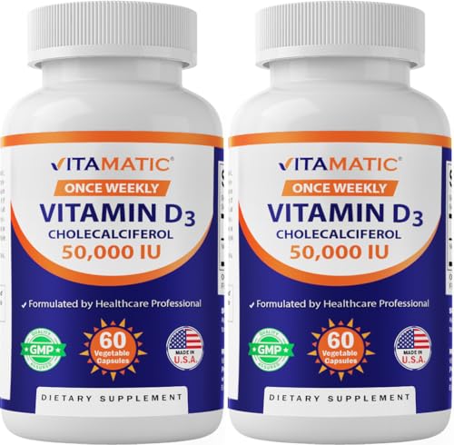 Vitamatic 2 Pack - Vitamin D3 50 000 IU (as Cholecalciferol) Once Weekly Dose 1250 mcg 60 Veggie Capsules 1 Year Supply Progressive Formula Helping Vitamin D Deficiencies (Total 120 Veg Capsules)