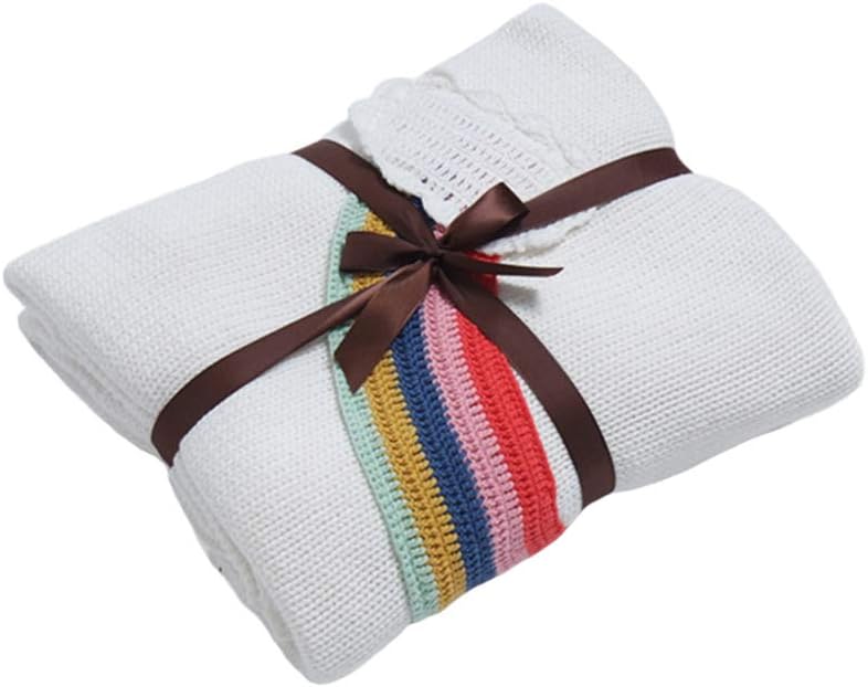 kivieWhite Rainbow Kintted Throw Blanket 100% Cotton Throw for Kids 110 cm X130 cm