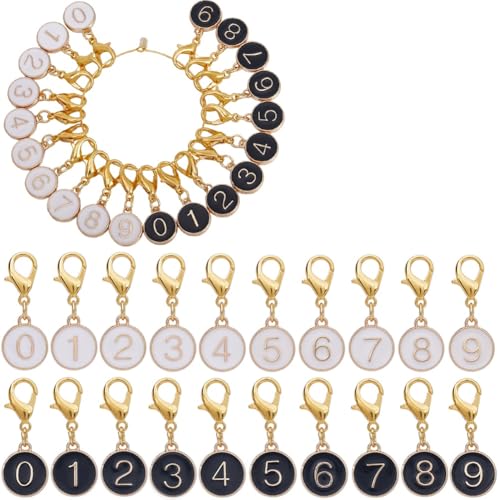 SUNNYCLUE 20PCS 10 STYLES Enamel Number Stitch Markers Lobster Clasp Charms Alloy Alphabet 0~9 Crochet Knit Locking Removable Clip On Charms Bulk for Crocheting Knitting jewellery Making Supplies