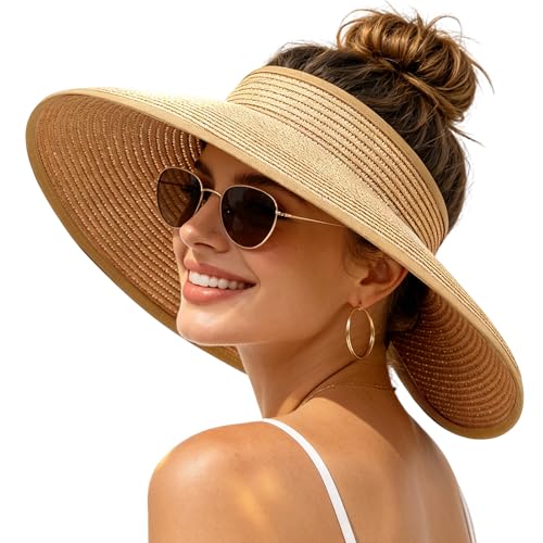 Sun Hats Visor for Women, UV UPF Straw Beach Hat Foldable Wide Brim Ponytail Summer Hats Packable Travel (Bowknot Khaki)