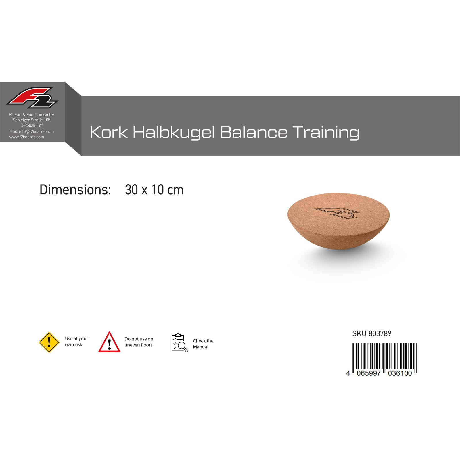 F2 Balance Board Kork Halbkugel 30x10 cm Modell 2024/25 – Gleichgewichts Trainer für Kinder und Erwachsene, Surf Balance Board Zubehör für Yoga, Faszien, Koordination & Fitnesstraining