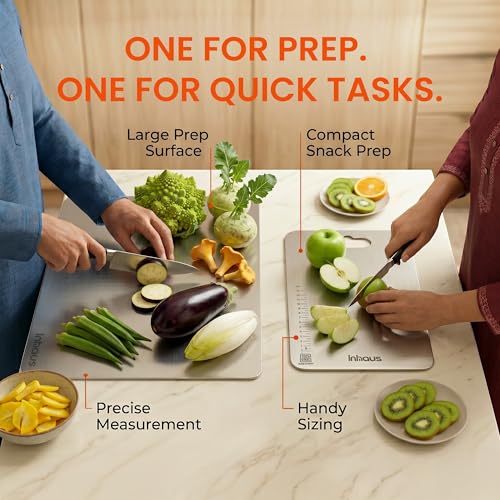 Image of Stainless Steel Chopping Board Set of 2 (41x31 cm + 31x21 cm) | 304 Steel Cutting Board for Kitchen Large & Medium | Counter Top Lip + Measurement Scale | Rust Proof Chopper Board