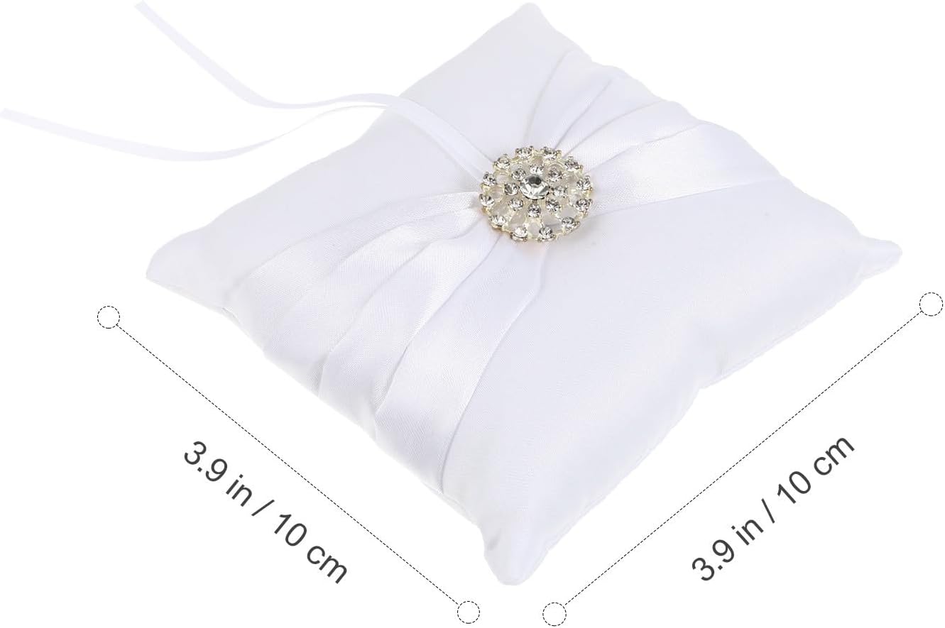 Sparkling Rhinestone Ring Bearer Pillow 10x10cm Satin White