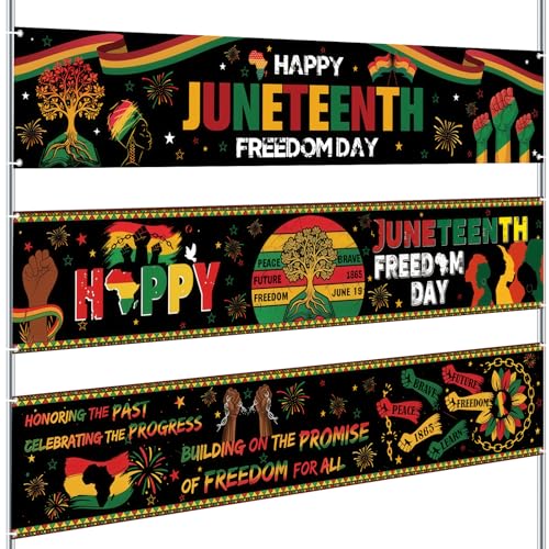 Remagr 3 Pcs Large Juneteenth Banner 98 x 18 Inch June 19th Outdoor Yard Sign Patriotic Juneteenth Party Decorations Backdrop for Africa American Independence Day Celebration Supplies
