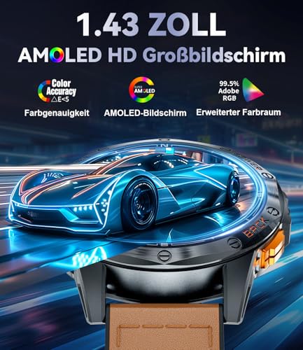 Smartwatch mit GPS, 1.43'' Amoled Display Fitnesuhr, 170+ Sportmodi Sport Uhr, Kompass, Barometerdruck, LED Taschenlampe, 5ATM Wasserdicht Schwimmen Smart Watch Kompatibel mit iPhone Android – Bild 4