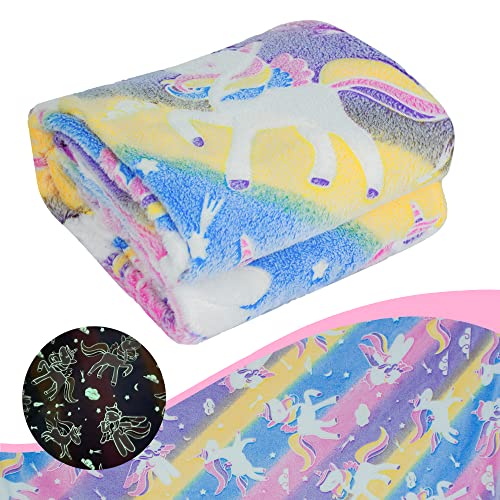 VHORATE Kinder Glow In The Dark Decke, Superweiche Flanell Fleecedecke Dekoriert mit Regenbogen Einhorn, Warm Gemütlich Pelzige Decke für Kinder, Mädchen, Jungen 152×127cm Einhorn Cover