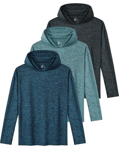 3 Pack Dry-Fit Youth Boys Long Sleeve Athletic Hoodie Sweatshirts Active Hooded Pullover Shirts for Teen Kids