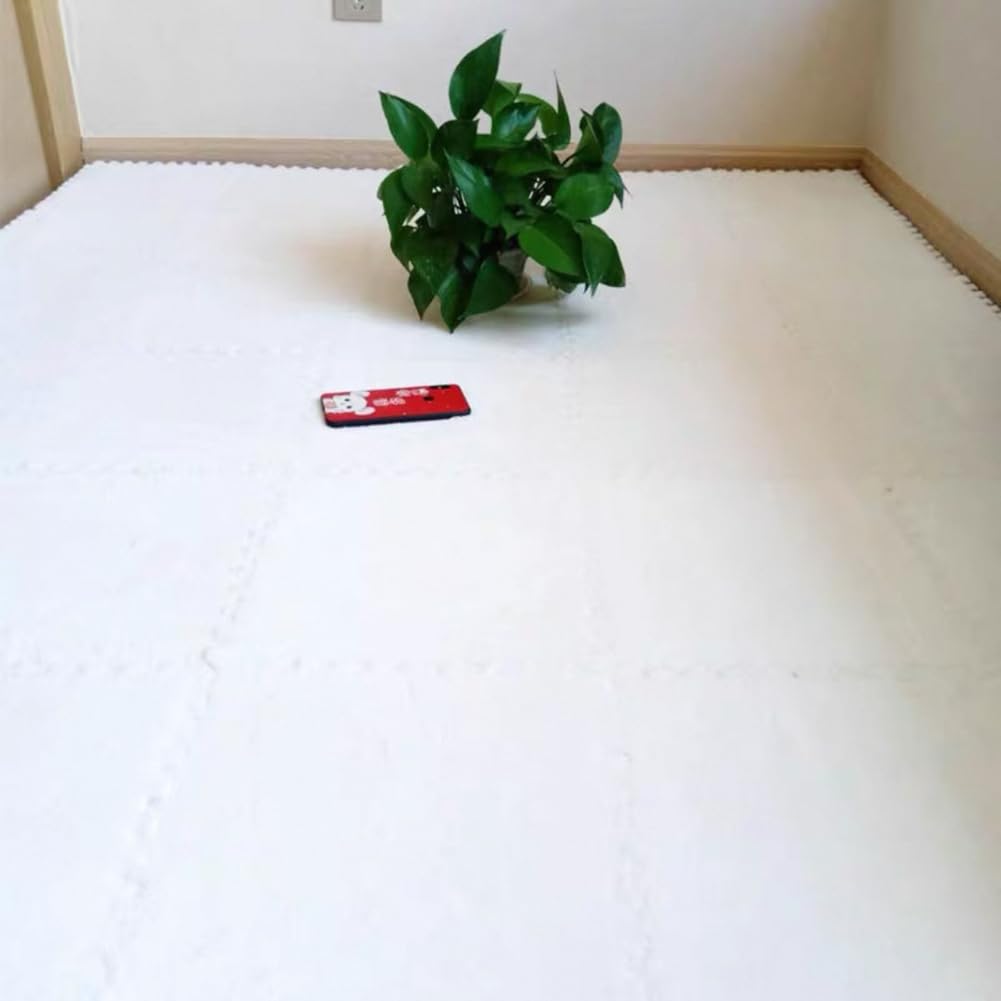 10 Tiles Interlocking Puzzle Play Mat 30x30x1cm EVA Foam Floor Mats,Fluffy Area Rug for Living Room Bedroom,Non-Slip Protective Floor Carpet (White)