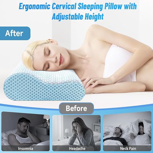 CloudBliss Memory Foam Pillow, Ergonomic Neck Contour Cervical Pillow for Back and Shoulder Pain, Orthopedic Pillow for Neck Pain Relief, for Sleeping Side, Back, Stomach Sleepers - Blue, Queen