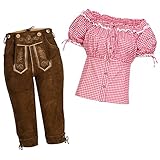 Klassisches Damen Trachten Set: Lederhose + Träger hellbraun mit traditionellen Stickereien + hübscher Trachtenbluse Carmenbluse kariert