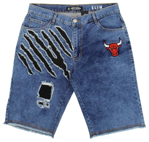 FISLL NBA Men's Knee Length Blue Jean Shorts - Chicago Bulls, Small