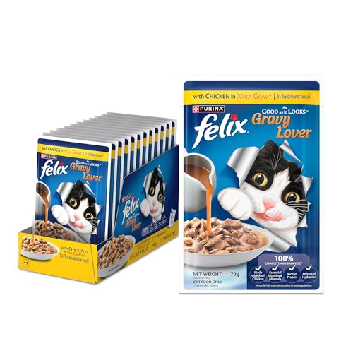 Image of Purina Felix Gravy Lover, Tasty & Real Meaty Chicken Chunks, Wet Cat Food, Balanced Nutrition, 24 Months, Pack of 12 Pouches (12x70g)